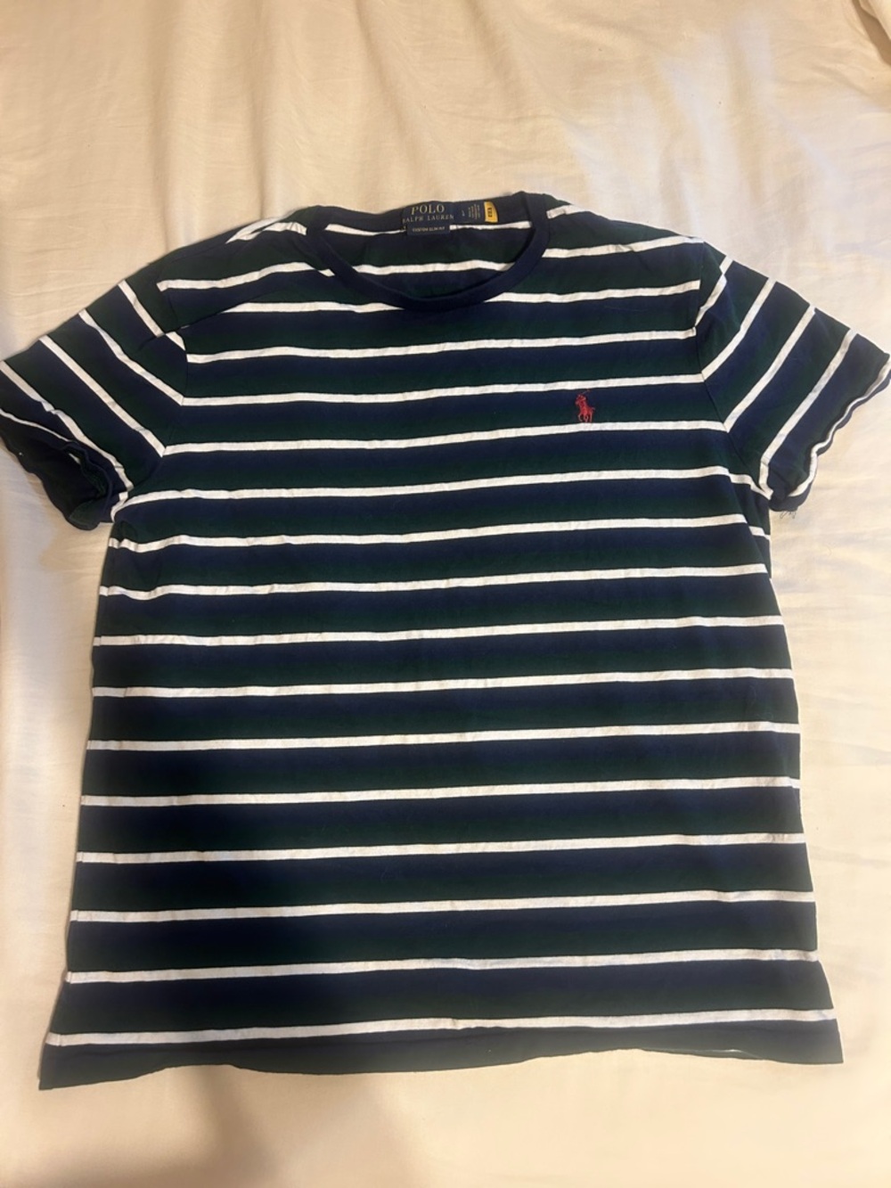 Polo by Ralph Lauren Navy & White Striped Crewneck Tee with Red Pony